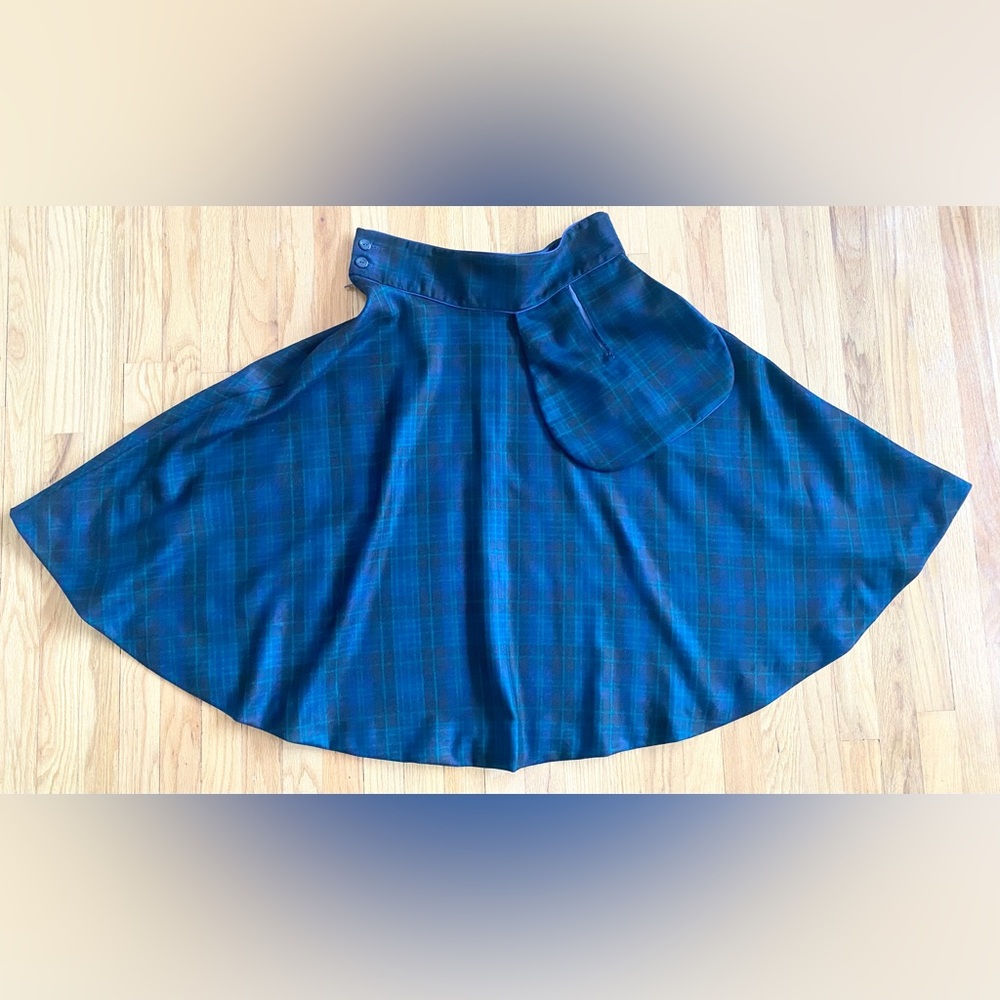 Vintage 50s-Inspired Wool Pocket Skirt *XL* Navy Green Plaid Retro Circle Skirt